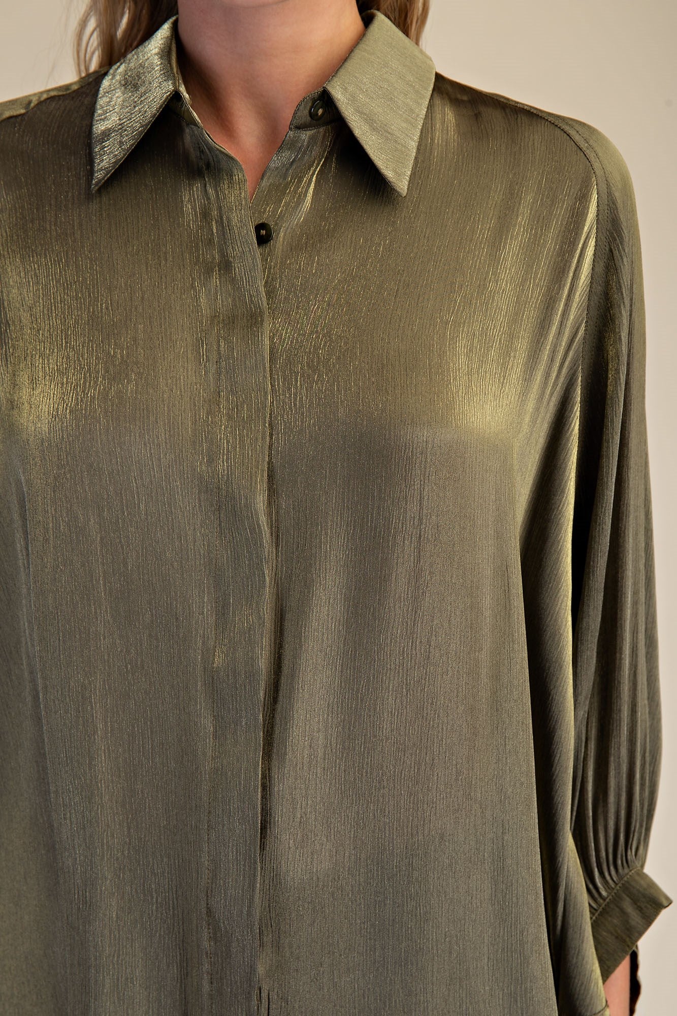 OLIVE BUTTON UP LONG FLOWY BATWING SLEEVE TOP