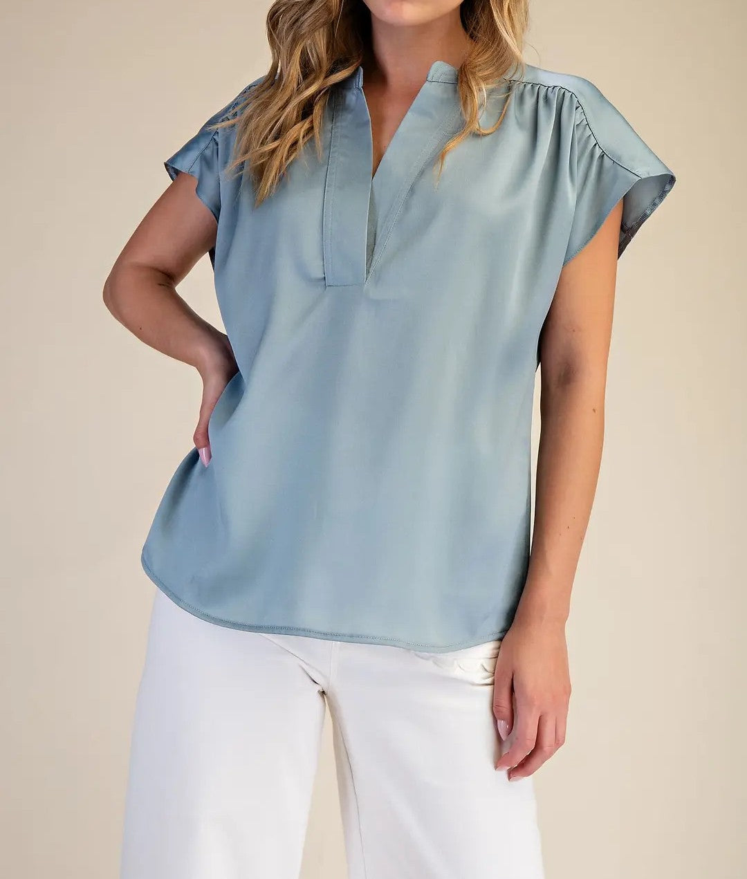 DUSTY BLUE SATIN VNECK SHORT GATHERED CAP SLEEVE TOP