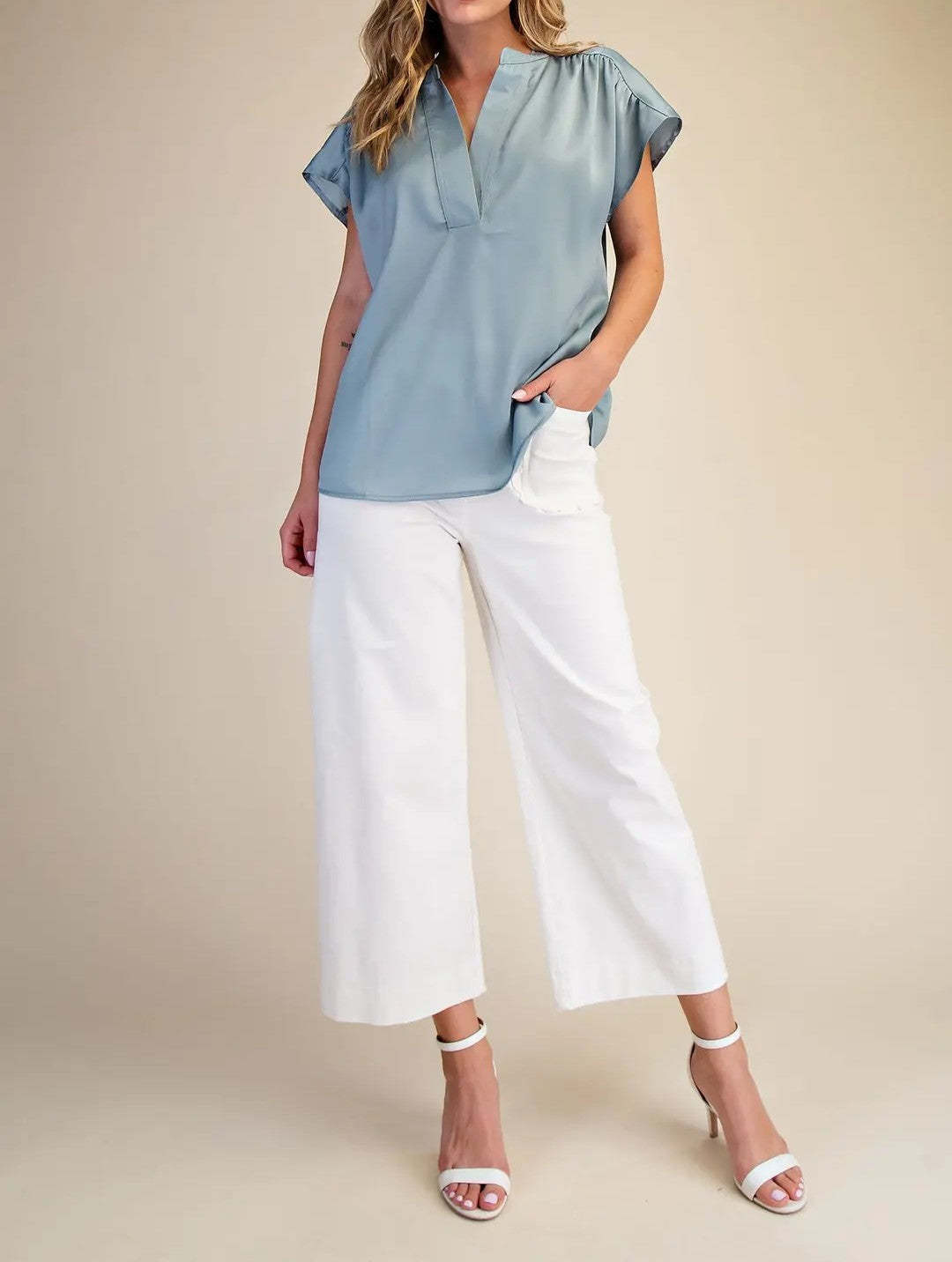 DUSTY BLUE SATIN VNECK SHORT GATHERED CAP SLEEVE TOP