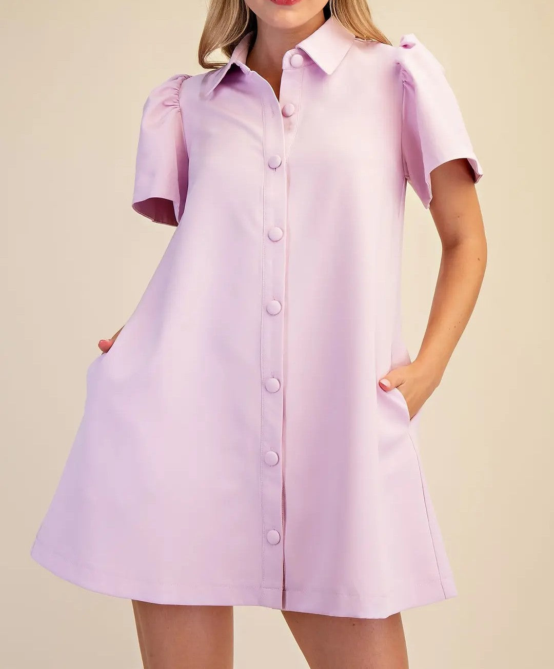 PINK COLLARED BUTTON UP SHIRT SHORT SLEEVE MINI DRESS