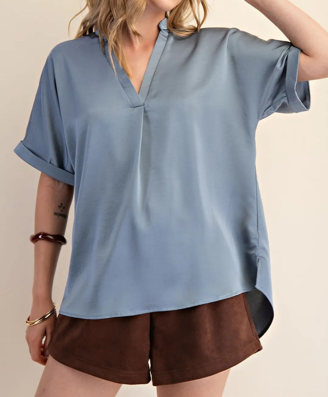 SLATE VNECK PLACKET CUFF SLEEVE BLOUSE