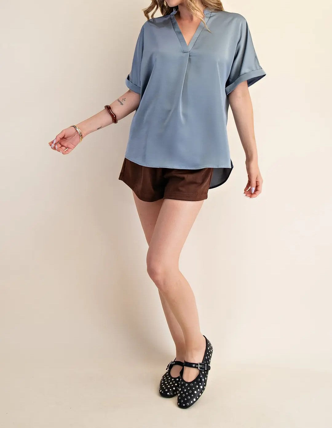 SLATE VNECK PLACKET CUFF SLEEVE BLOUSE