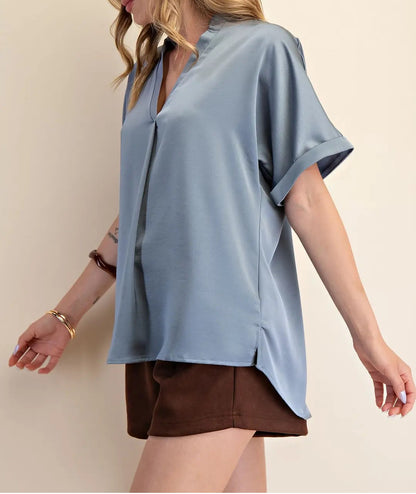 SLATE VNECK PLACKET CUFF SLEEVE BLOUSE