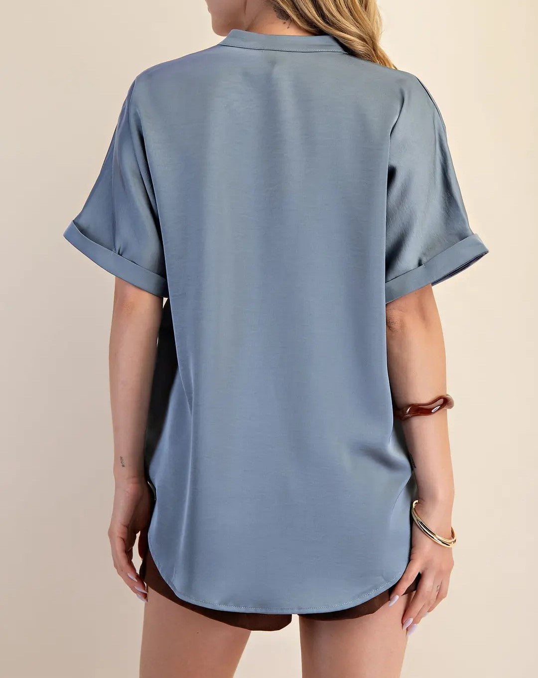 SLATE VNECK PLACKET CUFF SLEEVE BLOUSE