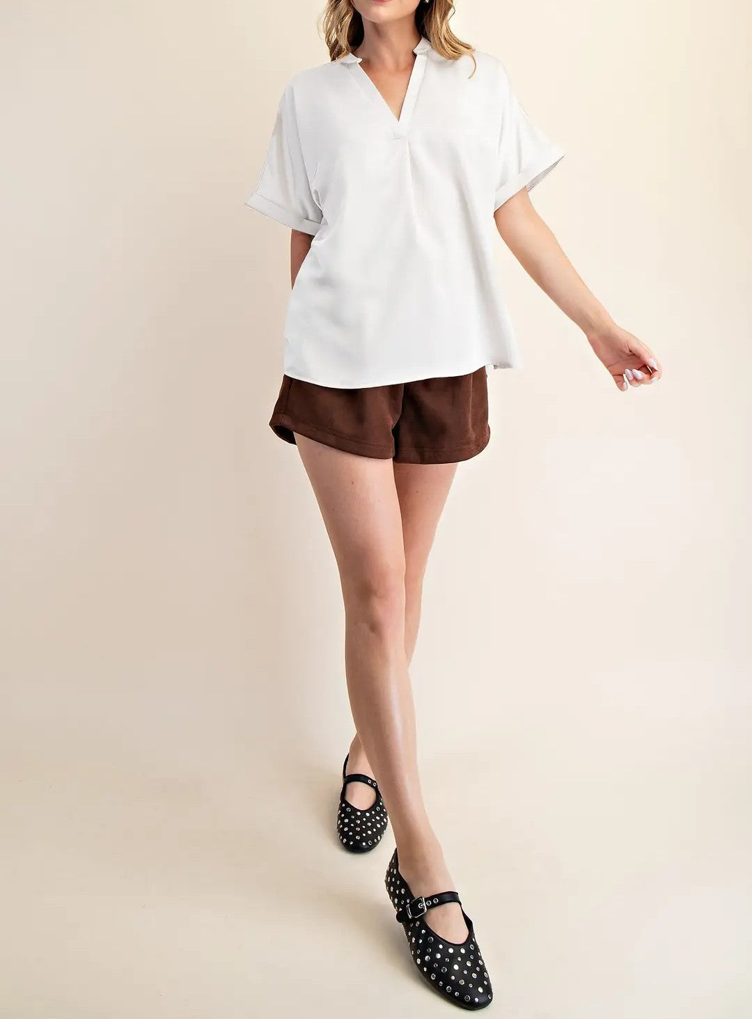 IVORY VNECK PLACKET CUFF SLEEVE BLOUSE