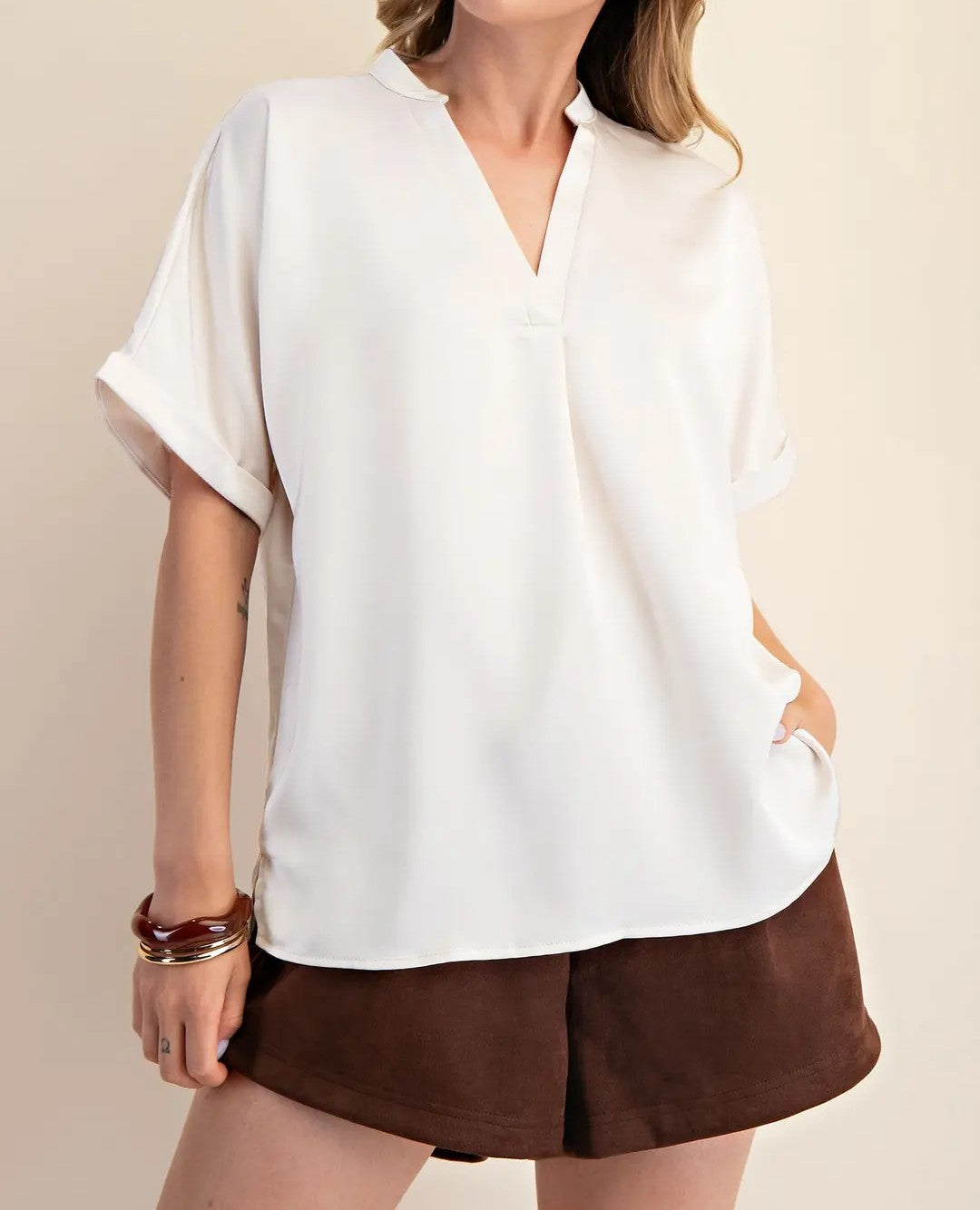 IVORY VNECK PLACKET CUFF SLEEVE BLOUSE