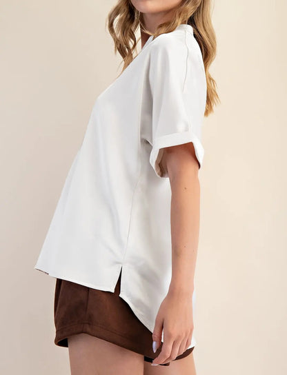 IVORY VNECK PLACKET CUFF SLEEVE BLOUSE