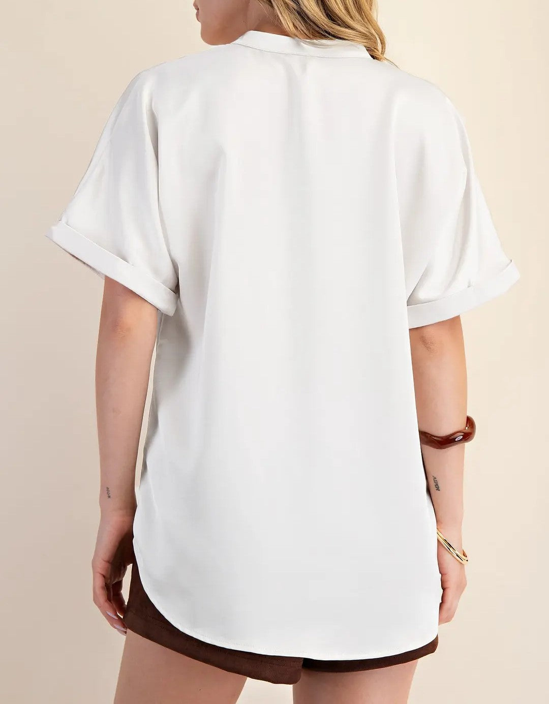 IVORY VNECK PLACKET CUFF SLEEVE BLOUSE