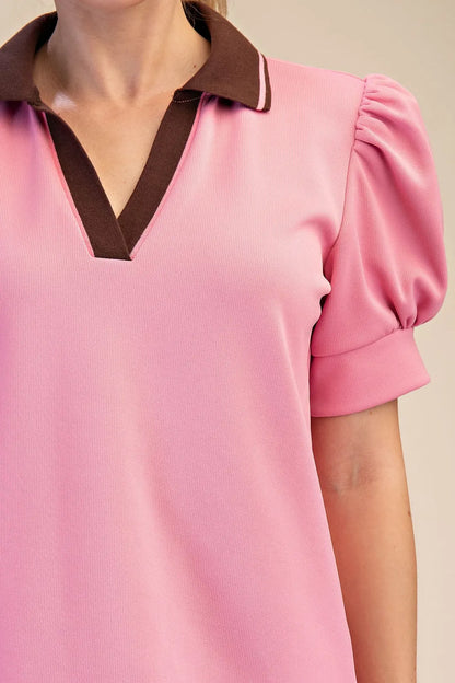 PINK/BROWN CONTRAST V-NECK COLLARED SHORT PUFF SLEEVE TOP
