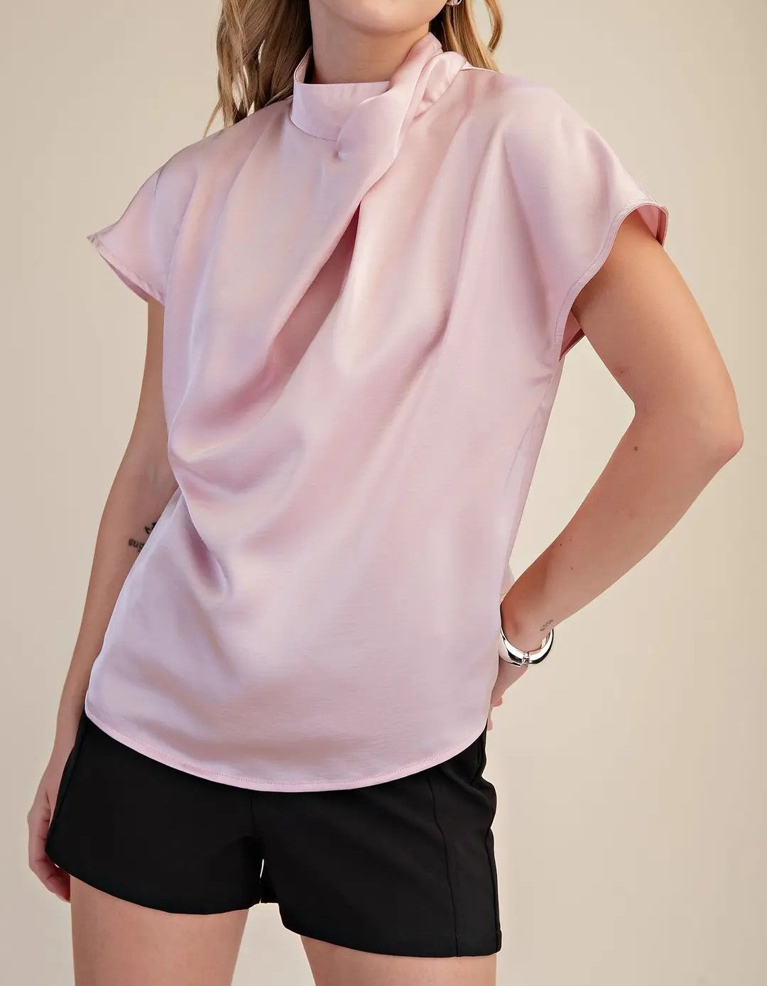 PINK HIGH DRAPEDD COWL NECK SHORT CAP SLEEVE TOP