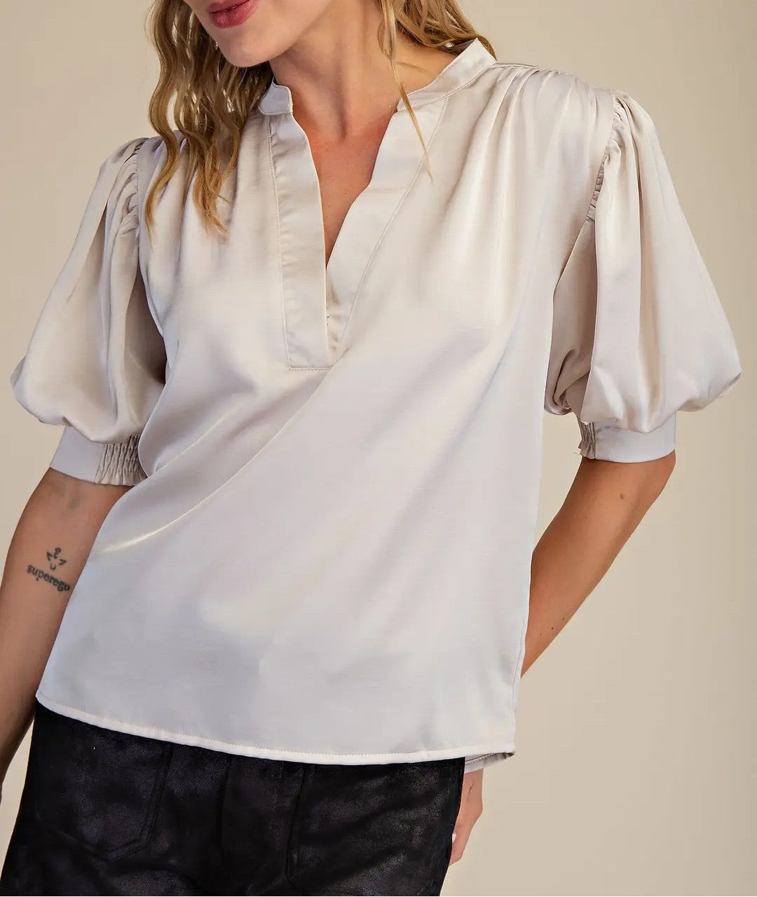 IVORY SATIN VNECK SHORT GATHERED PUFF SLEEVE TOP