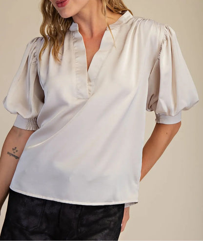 IVORY SATIN VNECK SHORT GATHERED PUFF SLEEVE TOP