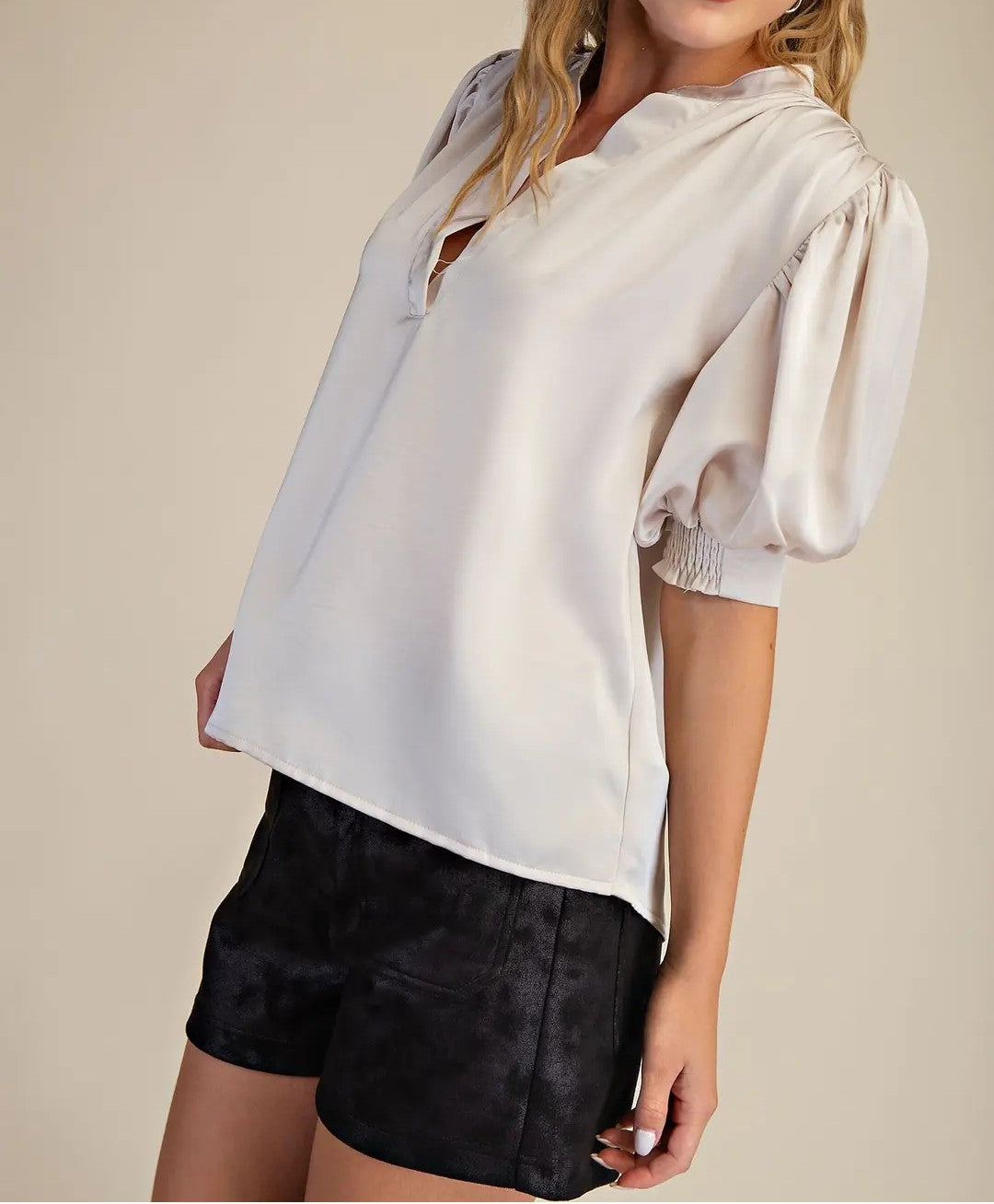 IVORY SATIN VNECK SHORT GATHERED PUFF SLEEVE TOP