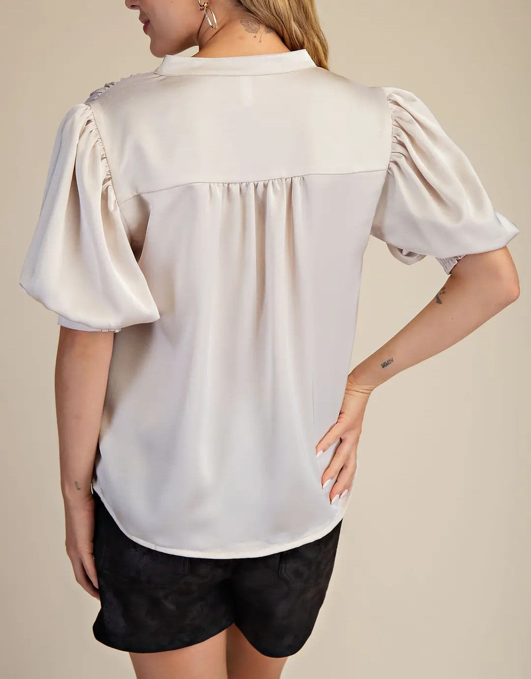 IVORY SATIN VNECK SHORT GATHERED PUFF SLEEVE TOP