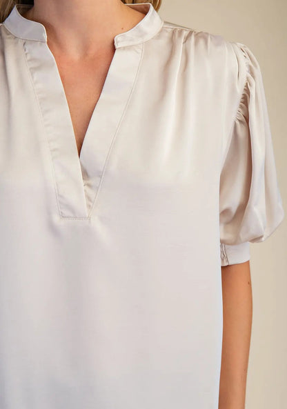 IVORY SATIN VNECK SHORT GATHERED PUFF SLEEVE TOP