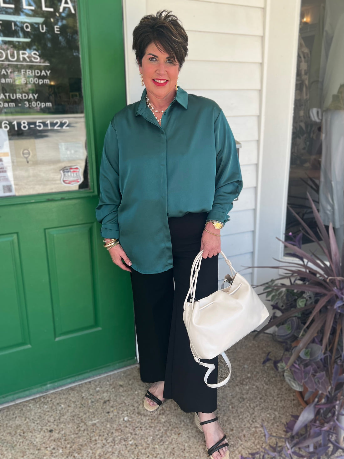 EMERALD SATIN PLACKET COVER BUTTON UP LONG SLEEVE TOP