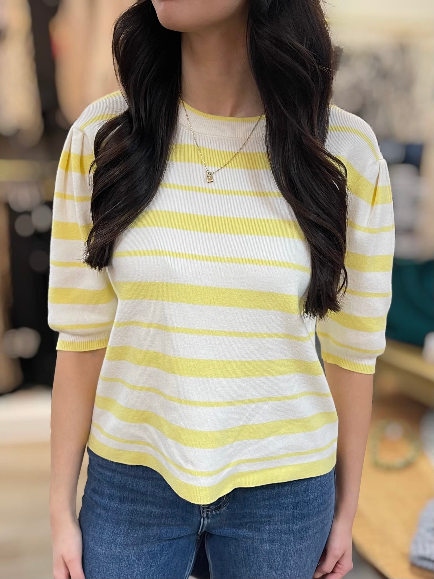YELLOW &amp; WHITE STRIPE SHORT PUFF SLEEVE SWEATER KNIT TOP