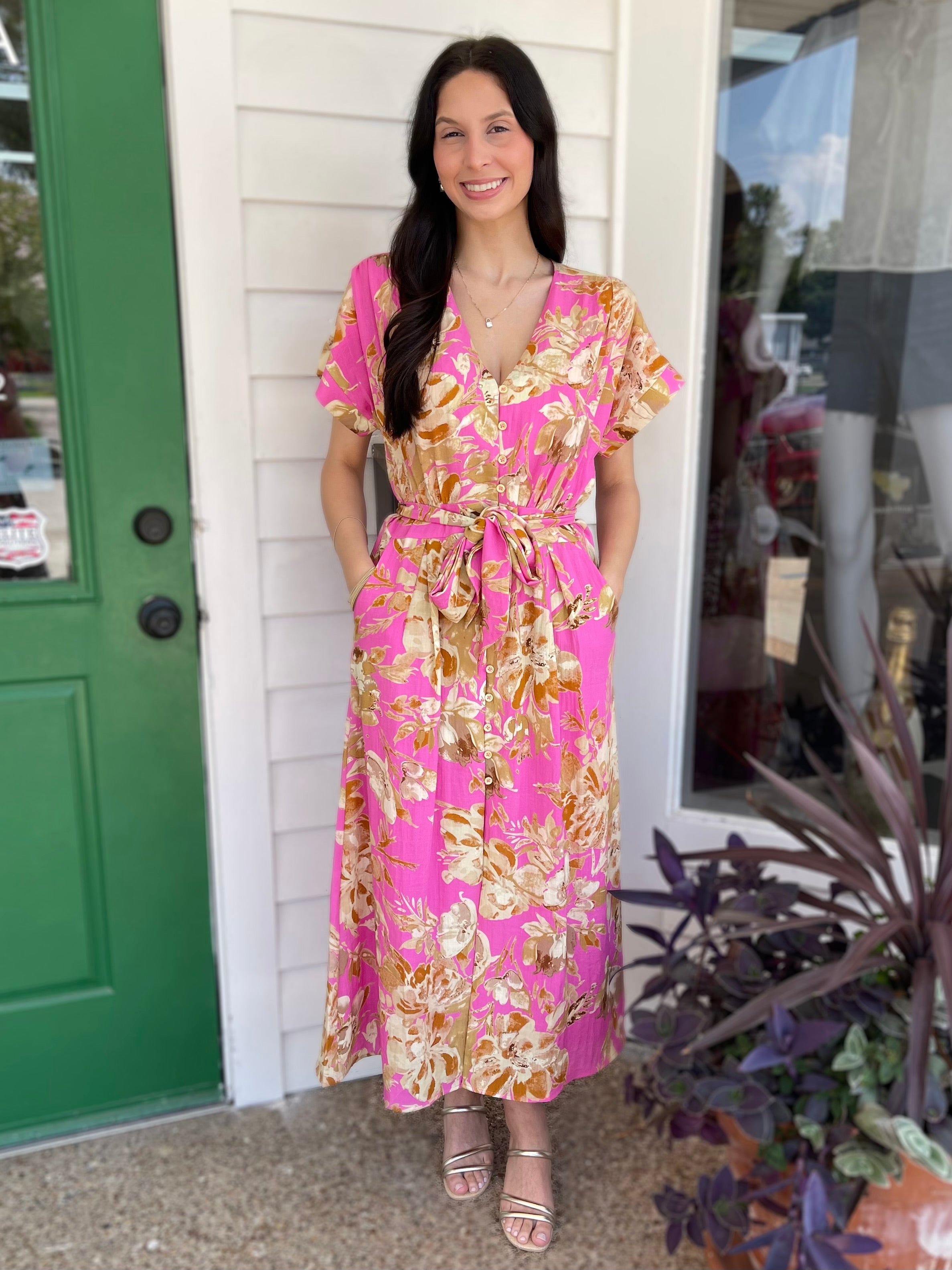 PINK FLORAL PRINT BUTTON UP SHORT SLEEVE MAXI DRESS