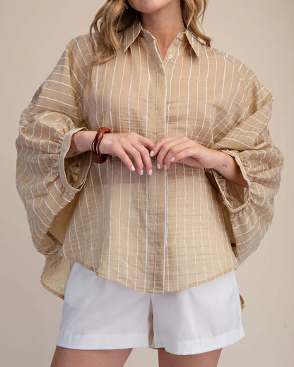 TAUPE STRIPE BUTTON UP BATWING SLEEVE TOP