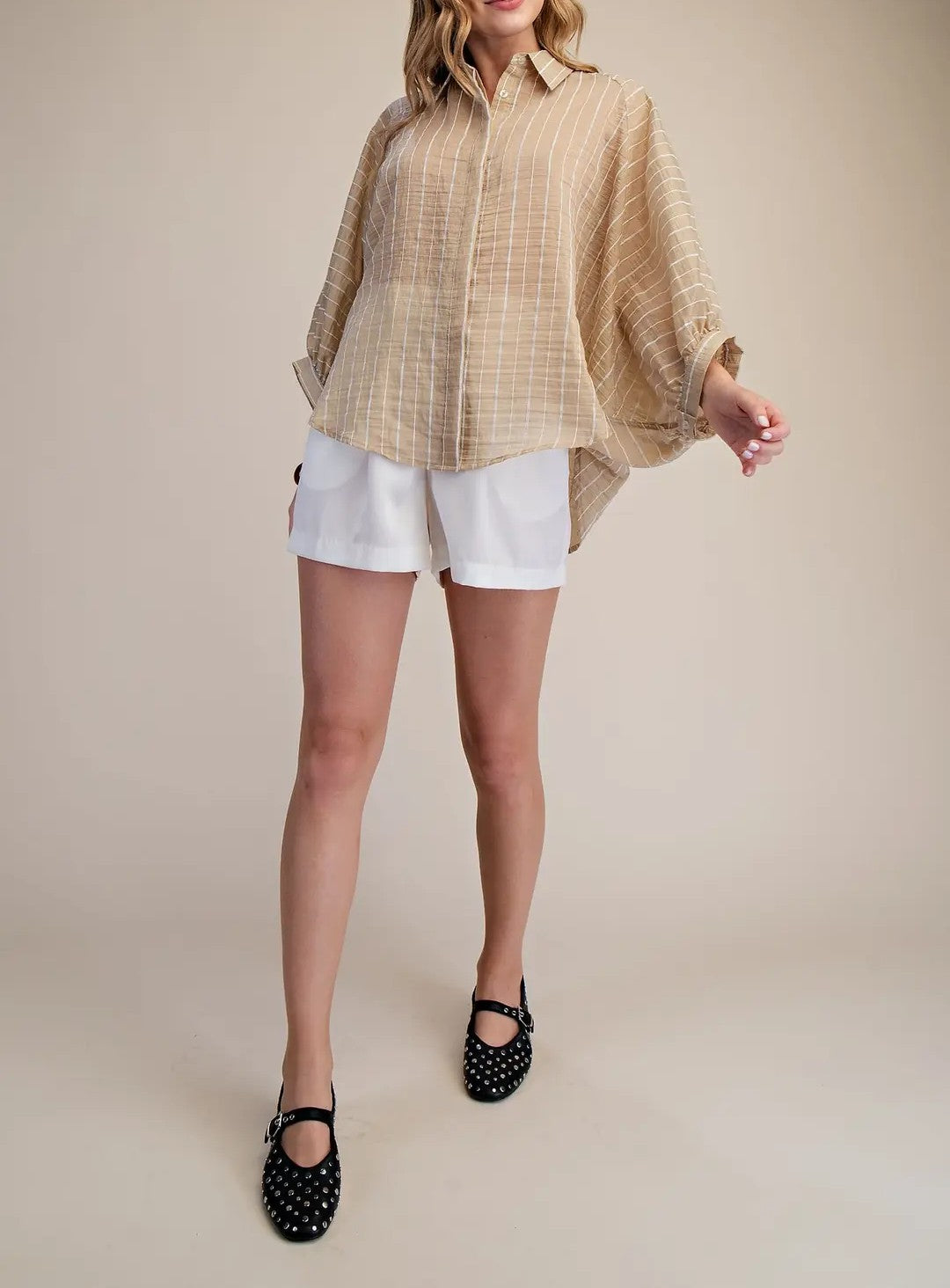 TAUPE STRIPE BUTTON UP BATWING SLEEVE TOP