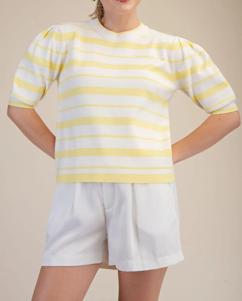 YELLOW &amp; WHITE STRIPE SHORT PUFF SLEEVE SWEATER KNIT TOP