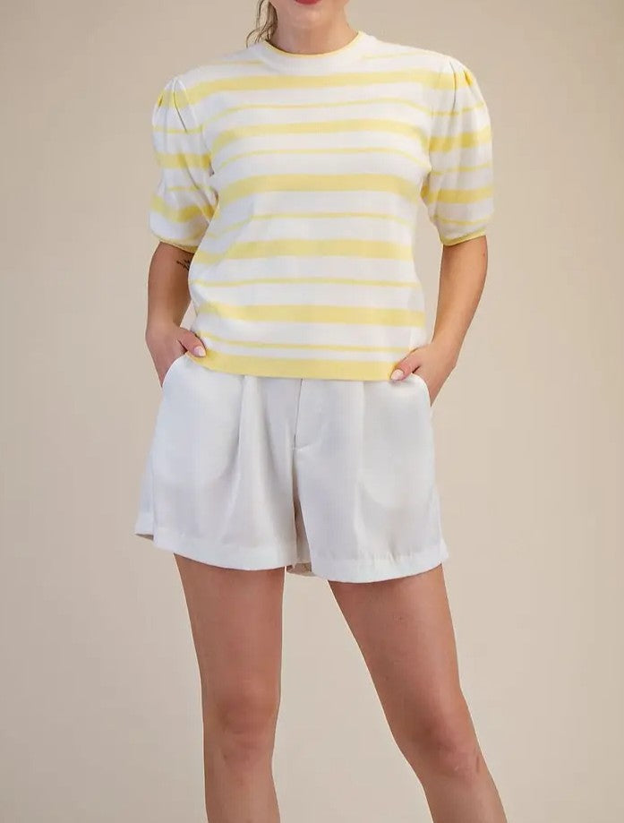 YELLOW &amp; WHITE STRIPE SHORT PUFF SLEEVE SWEATER KNIT TOP