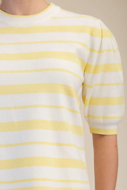 YELLOW &amp; WHITE STRIPE SHORT PUFF SLEEVE SWEATER KNIT TOP
