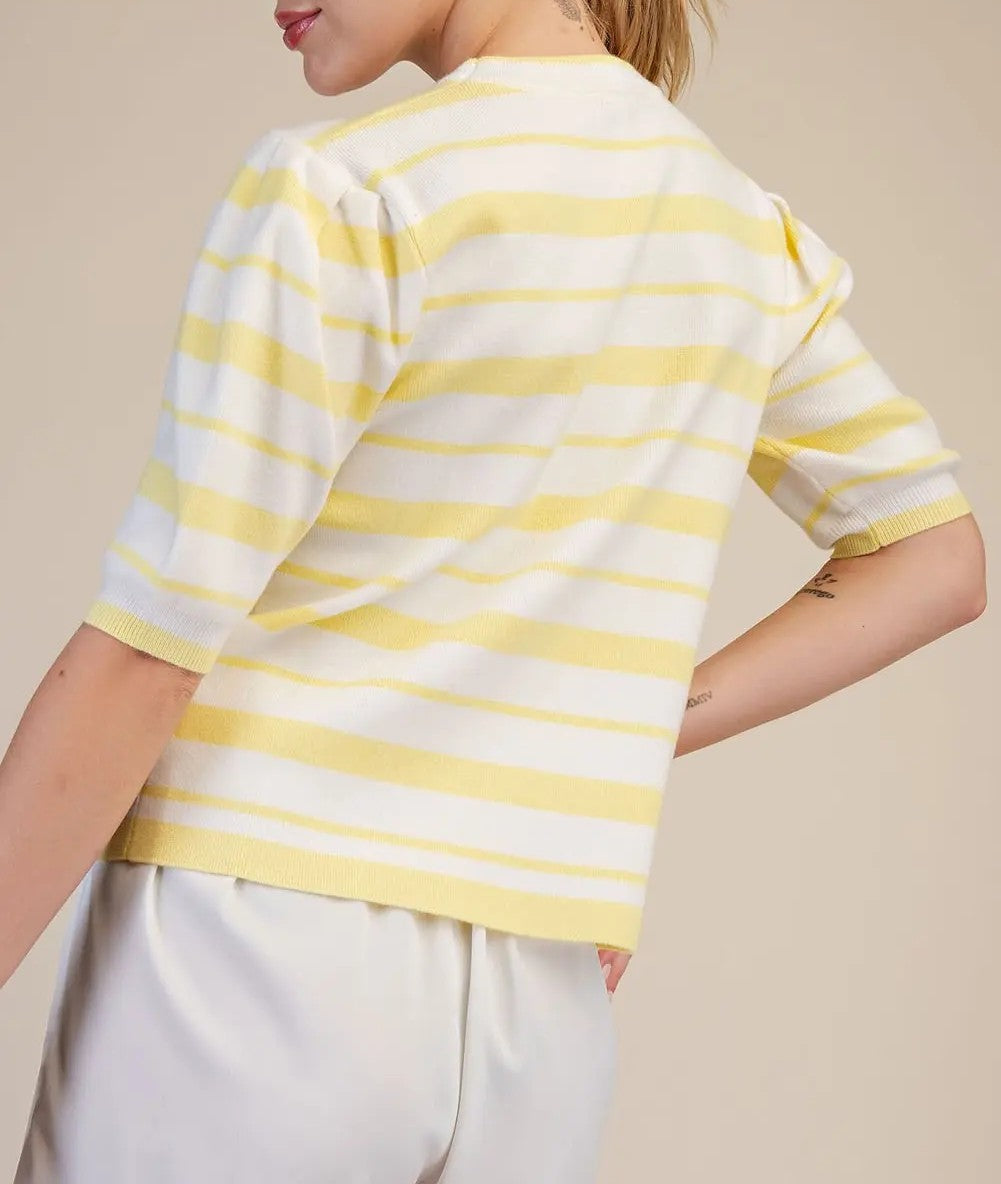 YELLOW &amp; WHITE STRIPE SHORT PUFF SLEEVE SWEATER KNIT TOP
