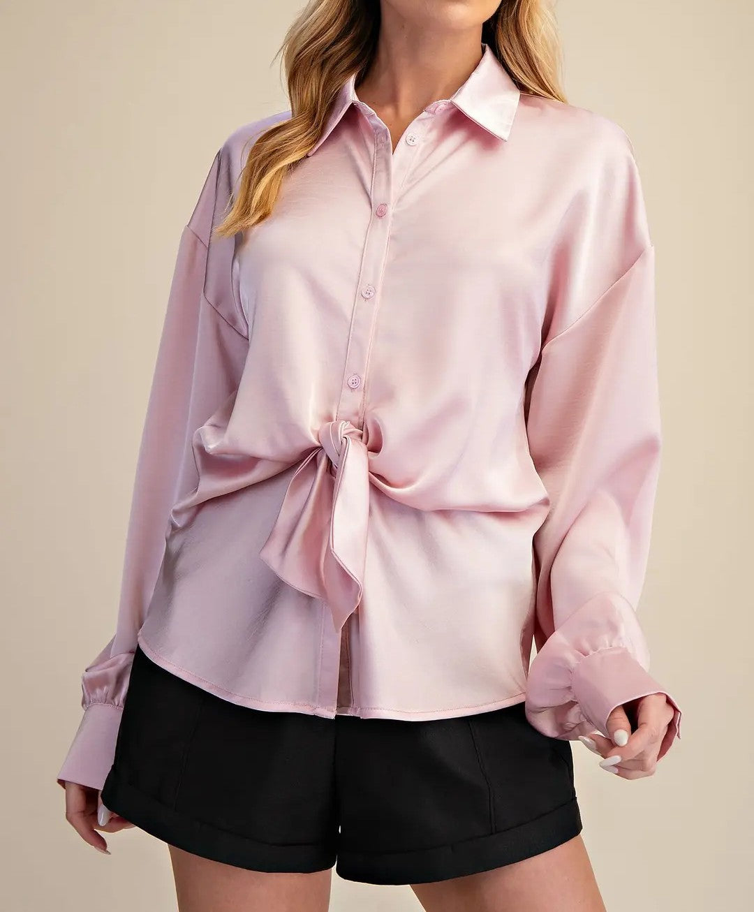 PINK FRONT TIE DETAIL LONG SLEEVE SATIN BUTTON UP TOP