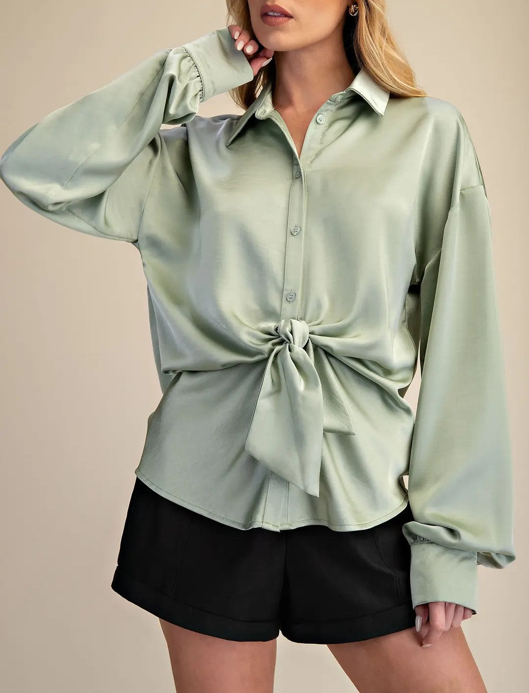 SAGE FRONT TIE DETAIL LONG SLEEVE SATIN BUTTON UP TOP