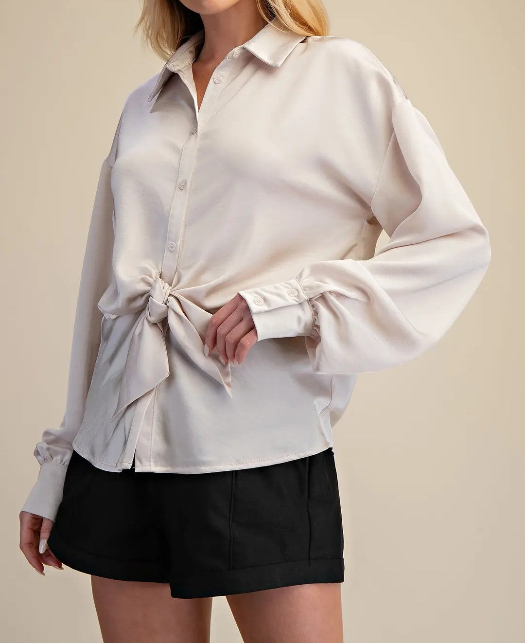 IVORY FRONT TIE DETAIL LONG SLEEVE SATIN BUTTON UP TOP
