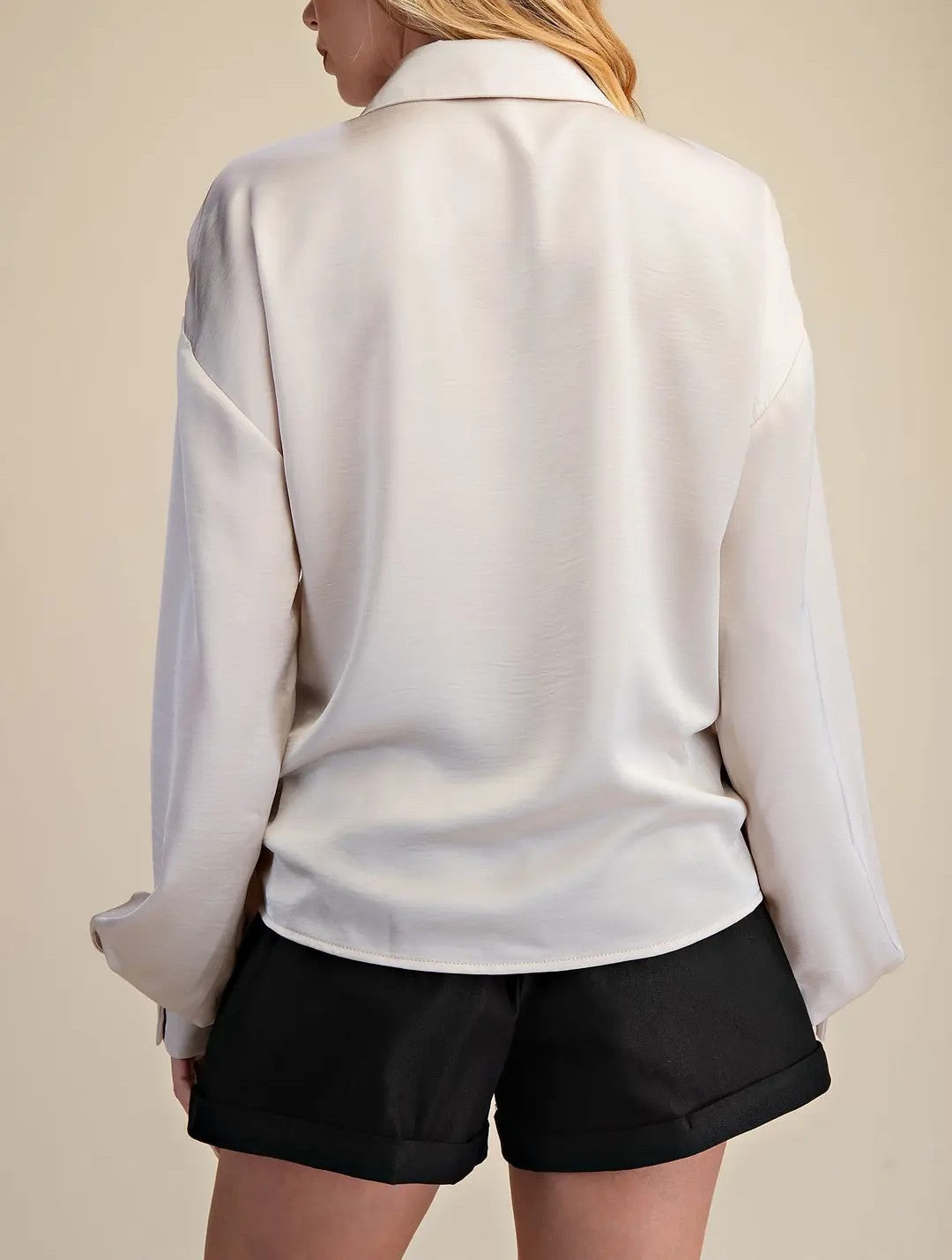 IVORY FRONT TIE DETAIL LONG SLEEVE SATIN BUTTON UP TOP