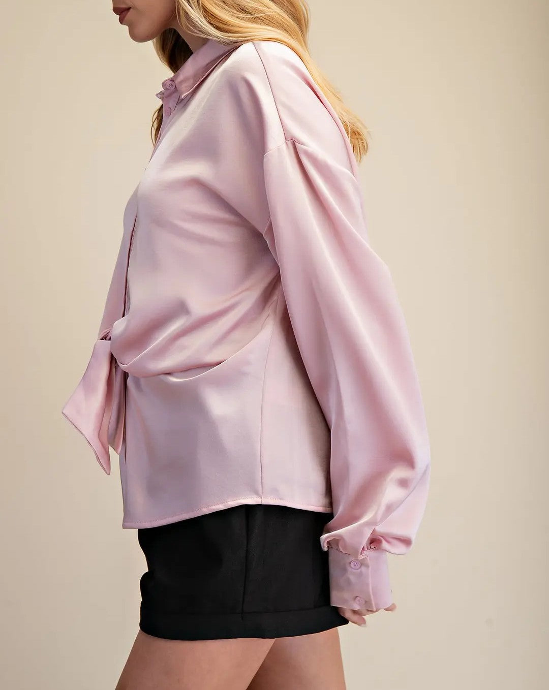 PINK FRONT TIE DETAIL LONG SLEEVE SATIN BUTTON UP TOP