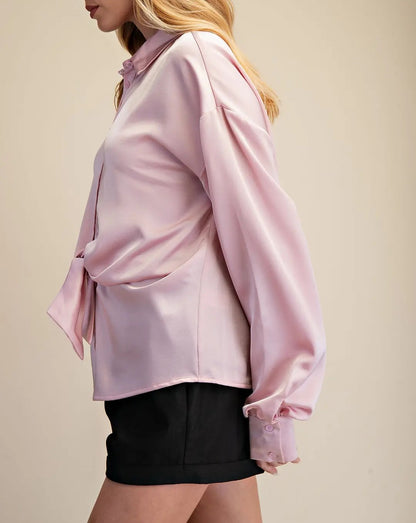 PINK FRONT TIE DETAIL LONG SLEEVE SATIN BUTTON UP TOP