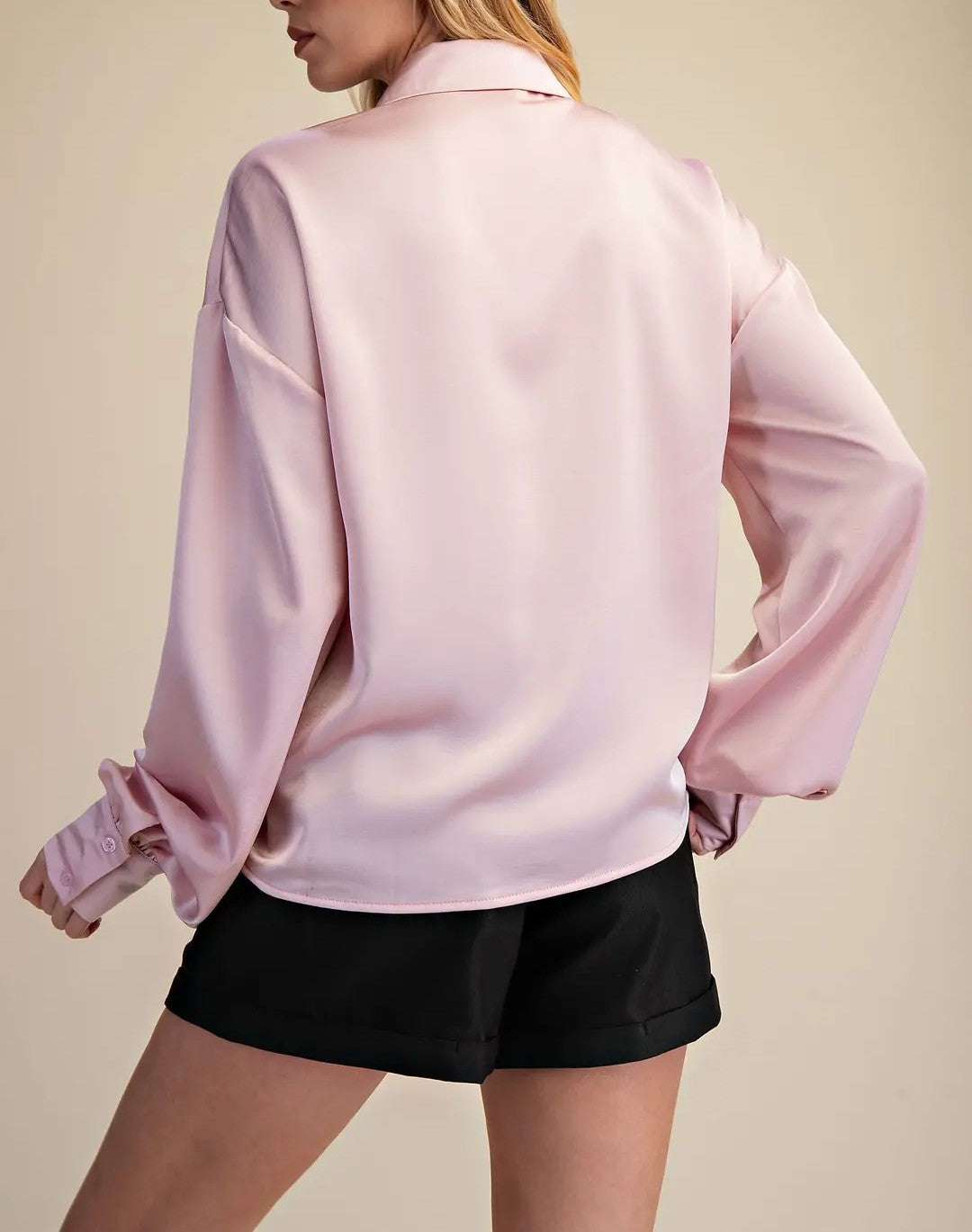 PINK FRONT TIE DETAIL LONG SLEEVE SATIN BUTTON UP TOP
