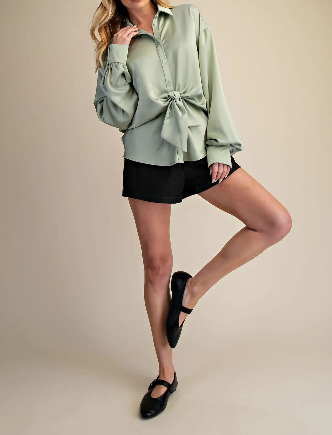 SAGE FRONT TIE DETAIL LONG SLEEVE SATIN BUTTON UP TOP