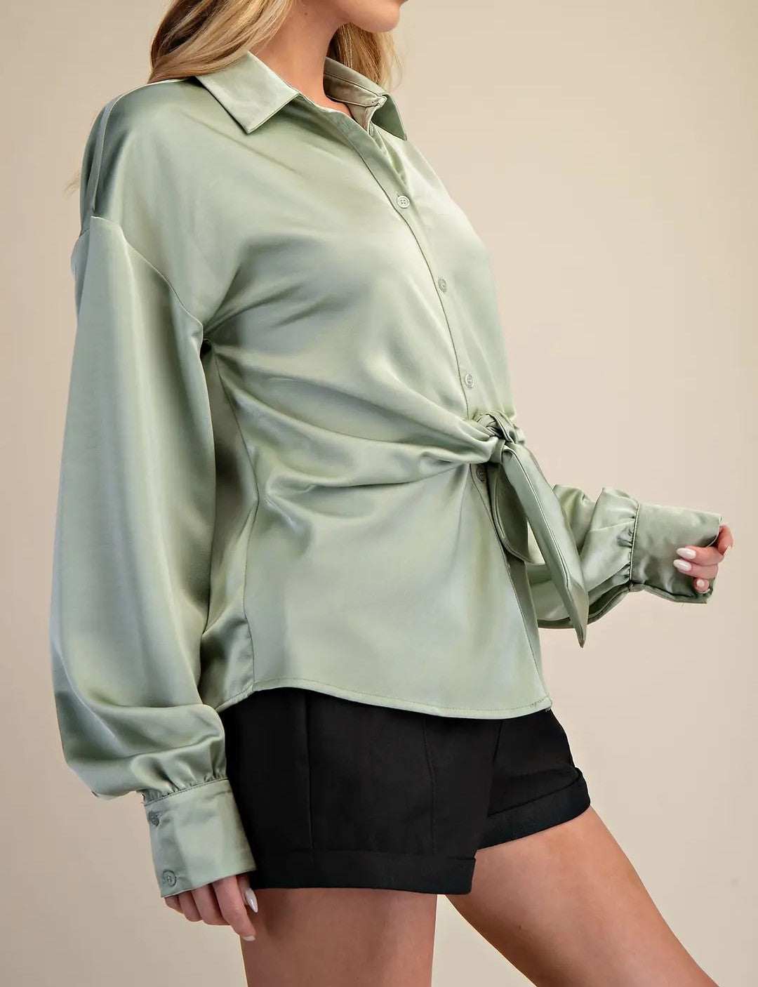 SAGE FRONT TIE DETAIL LONG SLEEVE SATIN BUTTON UP TOP