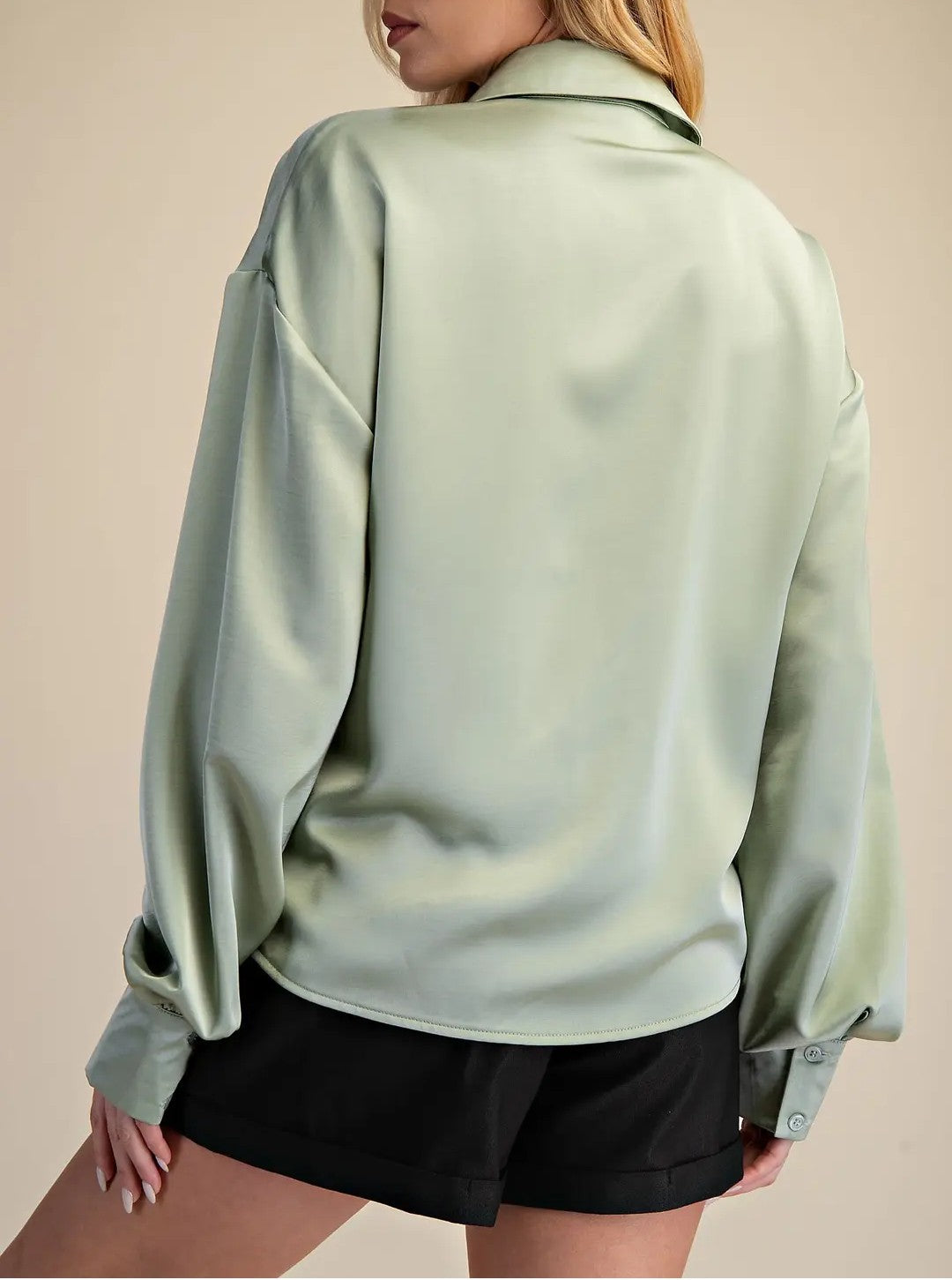 SAGE FRONT TIE DETAIL LONG SLEEVE SATIN BUTTON UP TOP