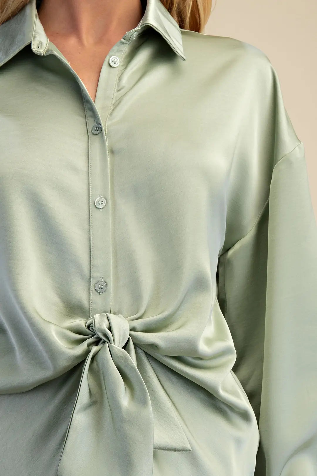 SAGE FRONT TIE DETAIL LONG SLEEVE SATIN BUTTON UP TOP