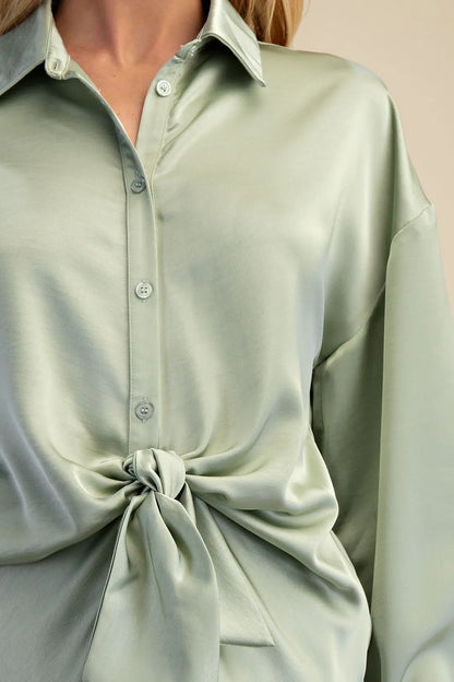 SAGE FRONT TIE DETAIL LONG SLEEVE SATIN BUTTON UP TOP