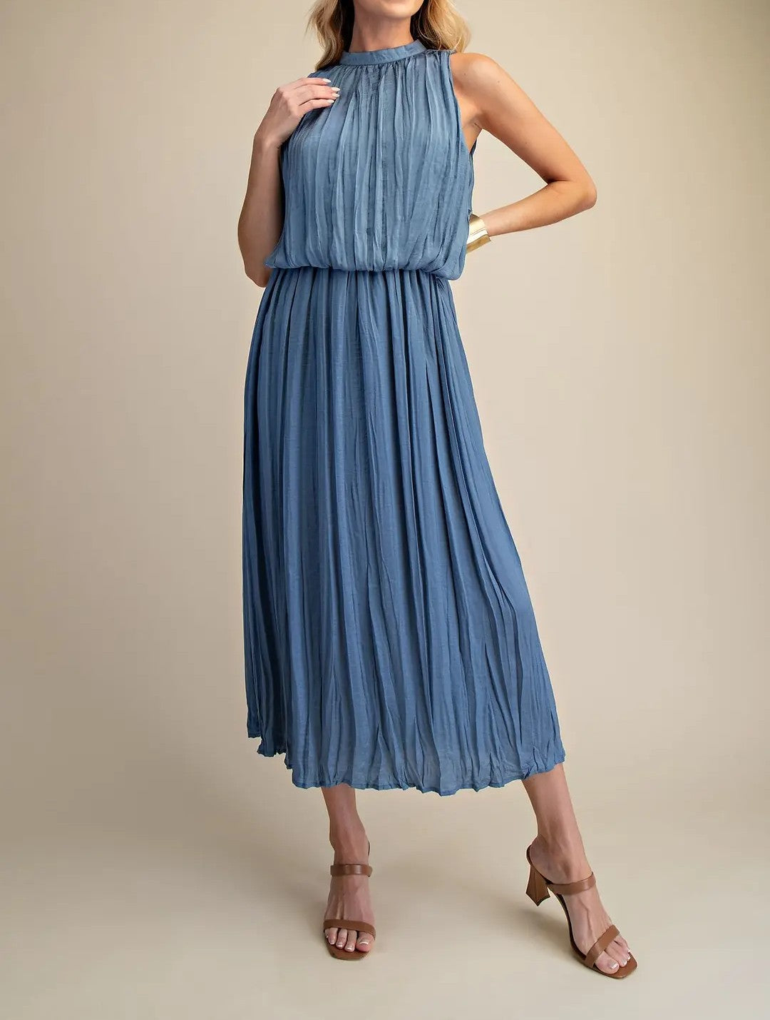 SLATE PLEATED SLEEVELESS SOFT MIDI DRESS