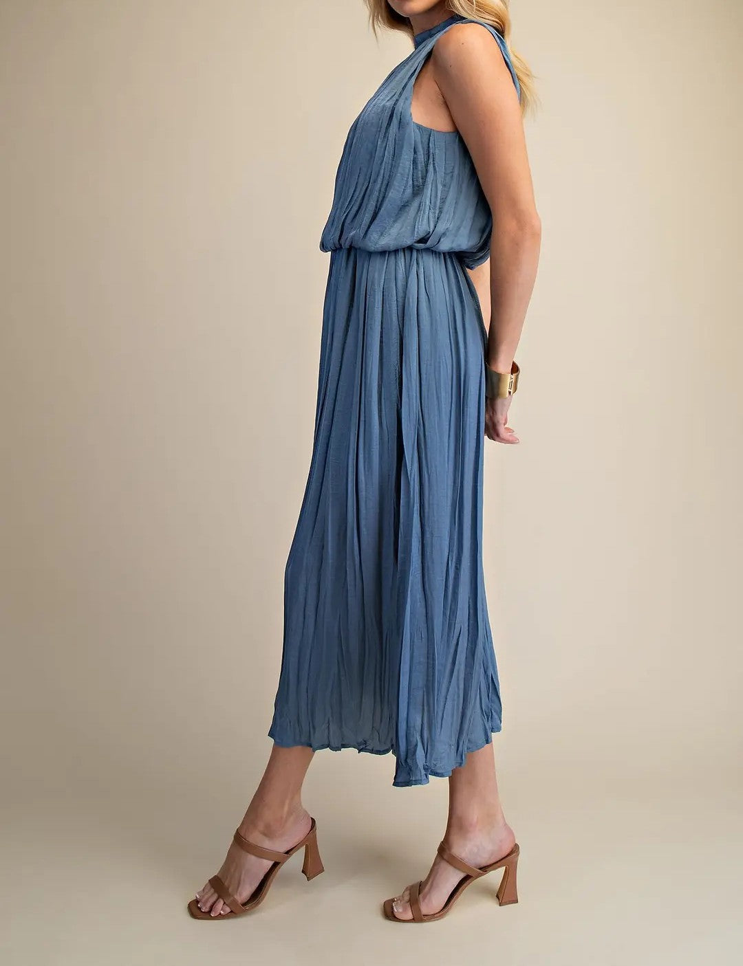 SLATE PLEATED SLEEVELESS SOFT MIDI DRESS