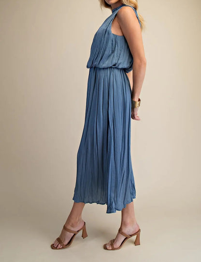 SLATE PLEATED SLEEVELESS SOFT MIDI DRESS