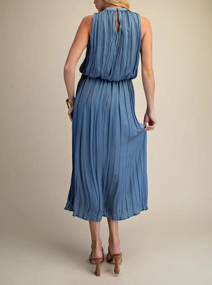 SLATE PLEATED SLEEVELESS SOFT MIDI DRESS