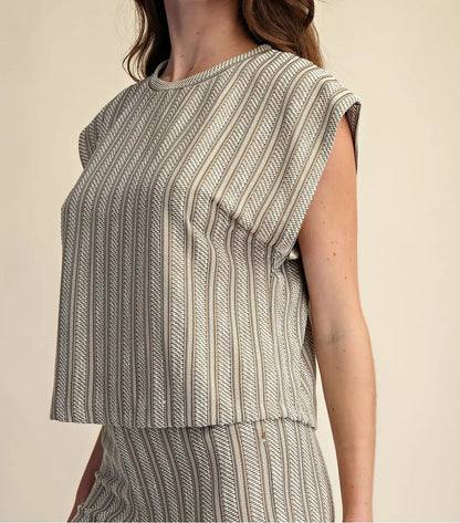 TAUPE VERTICAL RIBBED TEXTURED SHORT SLEEVE KNIT TOP