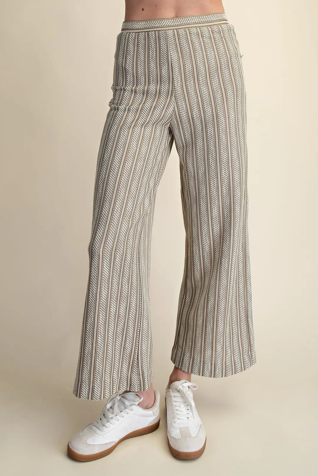 TAUPE VERTICAL RIBBED TEXTURED ELASTIC WAIST RELAXED STRAIGHT LEG PANTS