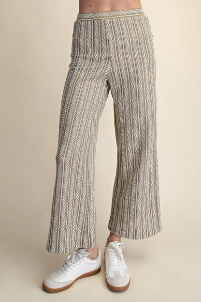 TAUPE VERTICAL RIBBED TEXTURED ELASTIC WAIST RELAXED STRAIGHT LEG PANTS
