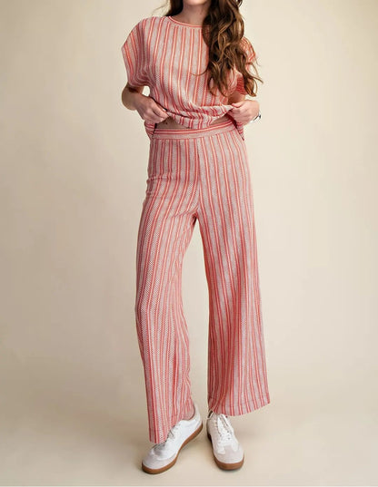 RED VERTICAL RIBBED TEXTURED ELASTIC WAIST RELAXED STRAIGHT LEG PANTS