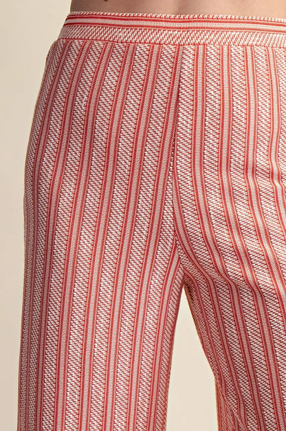 RED VERTICAL RIBBED TEXTURED ELASTIC WAIST RELAXED STRAIGHT LEG PANTS