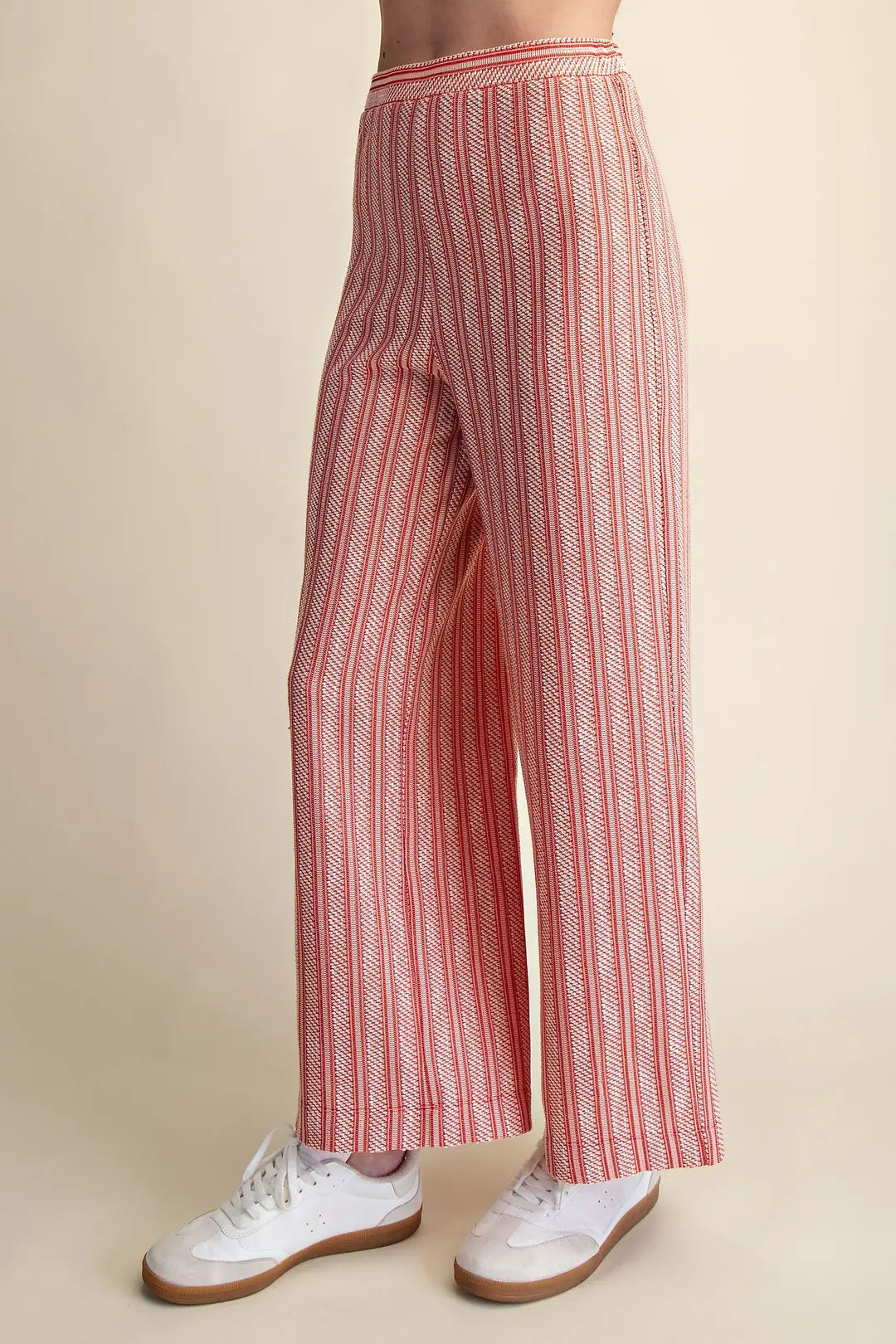 RED VERTICAL RIBBED TEXTURED ELASTIC WAIST RELAXED STRAIGHT LEG PANTS